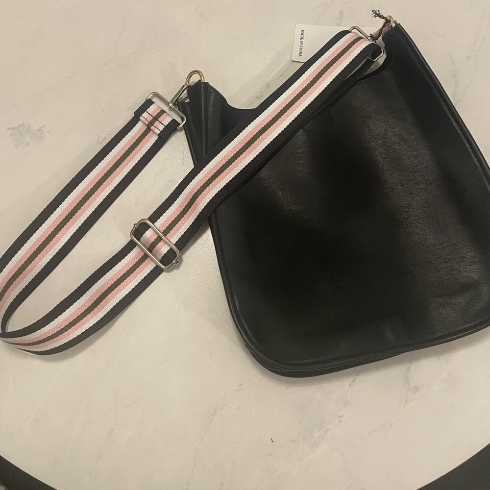 Black Vegan Leather Messenger Bag (gold hardware)Striped Strap (silver hardware)